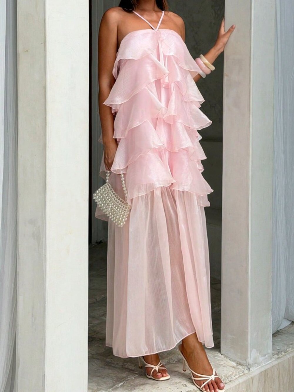Pink Elegant Bohemian Women's Party Halter Dress with Layered Ruffle - Picture 7 of 8